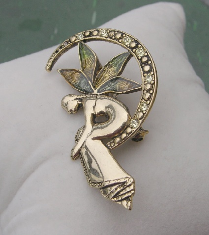 Liz Claiborne Enamel Rhinestone Fairy Crescent  Brooch