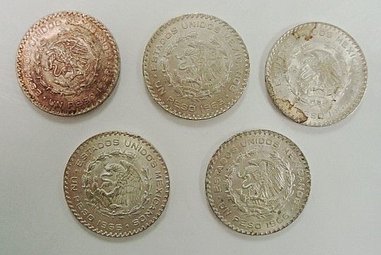 MEXICO ONE PESO SILVER COINS 1962, 1963, 1964,(2)1966  