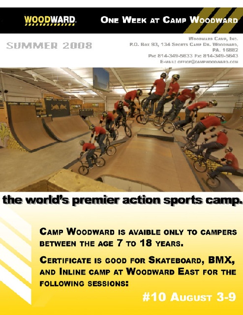 1 week @ Camp Woodward East (Skateboard, Inline or BMX)