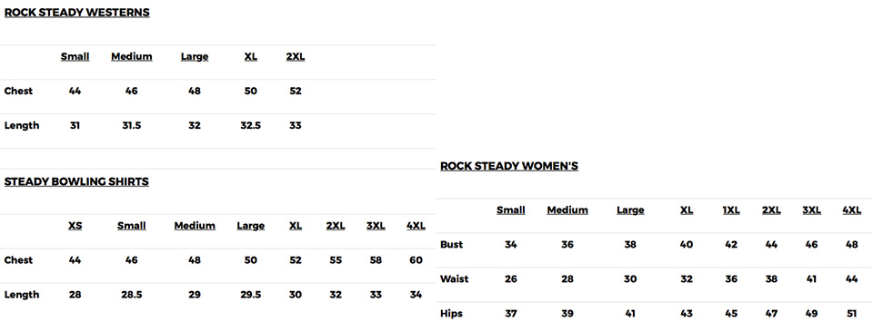 steady clothing size chart