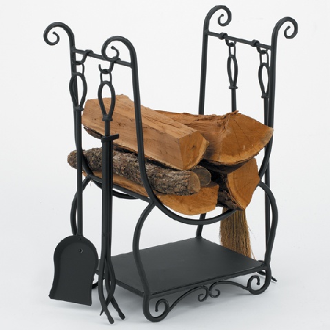 Wrought Iron Fireplace Firewood Log Holder & Tool Set